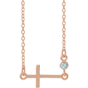 14K Rose Blue Zircon Sideways Accented Cross 16-18" Necklace