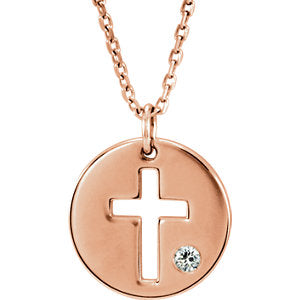14K Rose .03 CTW Diamond Pierced Cross Disc 16-18" Necklace