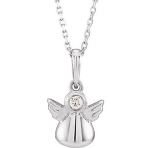Sterling Silver .03 CT Diamond Youth Angel 15" Necklace