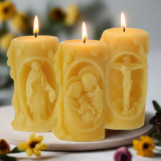 Catholic Beeswax Candle Set | Virgin Mary, Holy Family & Crucifix | Handcrafted Devotional Gifts