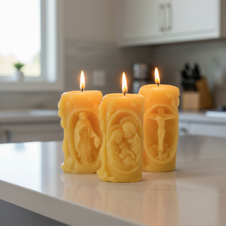 Catholic Beeswax Candle Set | Virgin Mary, Holy Family & Crucifix | Handcrafted Devotional Gifts