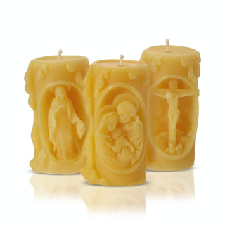Catholic Beeswax Candle Set | Virgin Mary, Holy Family & Crucifix | Handcrafted Devotional Gifts