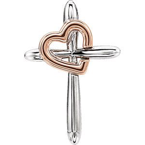 14K White & Rose Cross with Heart Pendant