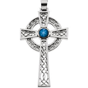 14K White Blue Star Sapphire Cross Pendant