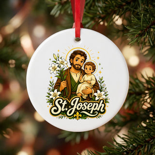 St. Joseph and Child Jesus Ceramic Ornament hanging on a Christmas tree