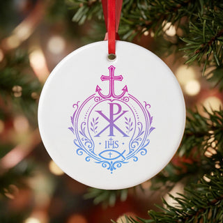 Chi Rho Ombre Emblem Ceramic Ornament hanging on a Christmas tree