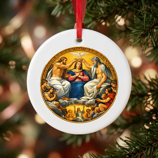 Coronation of Mary Ceramic Ornament hanging on a Christmas tree