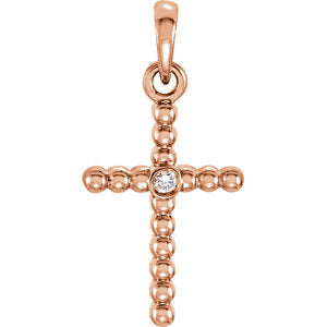 14K Rose .015 CTW Diamond Beaded Cross Pendant