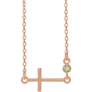14K Rose Peridot Sideways Accented Cross 16-18" Necklace