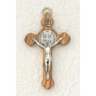 6-pack - Saint Benedict Wood Clover Cross - Silver Tone Medal