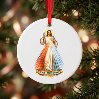 Divine Mercy Jesus Ceramic Ornament hanging on a Christmas tree