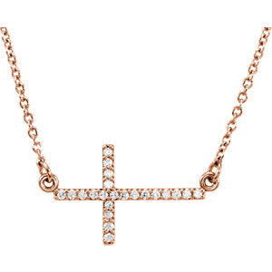 14K Rose 1/8 CTW Diamond Sideways Cross 16-18" Necklace