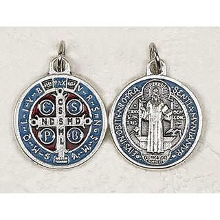 Bulk Saint Benedict Silver Tone with Light Blue/Red Enamel Medal