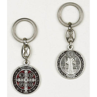 6-pack - Saint Benedict Silver Tone Token Keychain - Brown Enamel