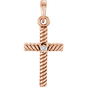 14K Rose .015 CTW Diamond 18.9x8.65 MM Rope Design Cross Pendant