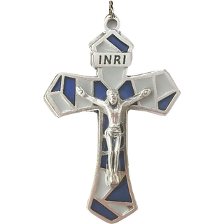 Bulk 1-1/4 inch Blue/White Enameled Crucifix