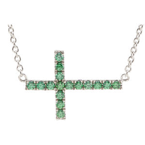Sterling Silver Green Cubic Zirconia Sideways Cross 18" Necklace