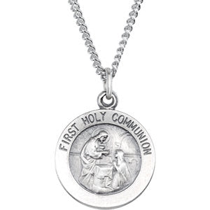 Sterling Silver 18 MM First Communion Medal 18" Necklace