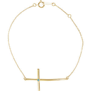 14K Gold Blue Zircon Sideways Cross Bracelet