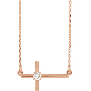 14K Rose 1/10 CTW Diamond Sideways Cross 16-18" Necklace