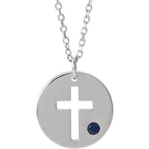 Sterling Silver Imitation Sapphire Pierced Cross Disc 16-18" Necklace