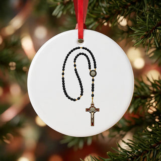 Black and Gold Rosary Ceramic Ornament hanging on a Christmas tree