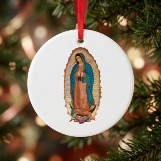 Our Lady of Guadalupe Ceramic Ornament hanging on a Christmas tree