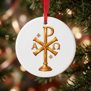 Chi-Rho Alpha and Omega Ceramic Ornament hanging on a Christmas tree