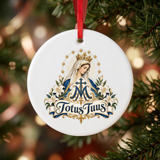 Totus Tuus Our Lady Ceramic Ornament hanging on a Christmas tree