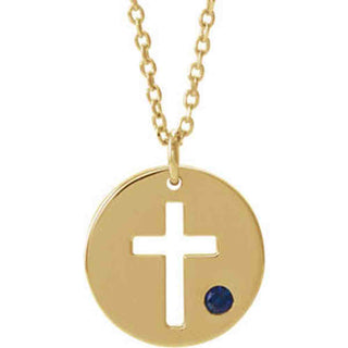 14K Gold Sapphire Pierced Cross Disc 16-18" Necklace