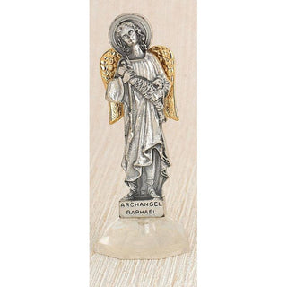 6-pack - Silver & Gold Tone Archangel Raphael Adhesive Mini Statue on Acrylic Base