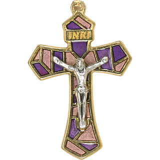 Bulk 1-1/4 inch Pink/Purple Enameled Gold Tone Crucifix