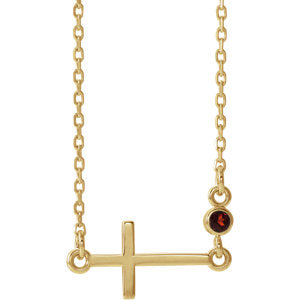 14K Gold Garnet Sideways Accented Cross 16-18" Necklace