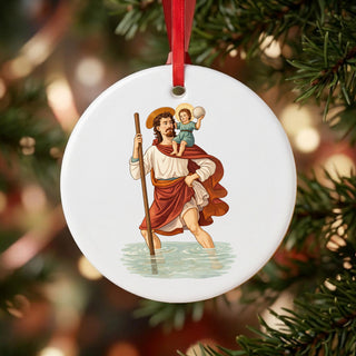 St. Christopher Ceramic Ornament hanging on a Christmas tree