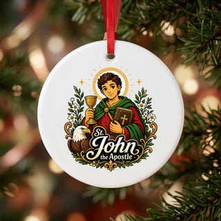 St. John the Apostle Ceramic Ornament hanging on a Christmas tree