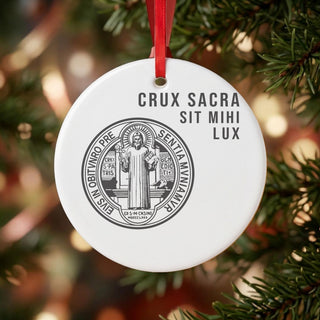 St. Benedict Medal Ceramic Ornament hanging on a Christmas tree