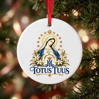 'Totus Tuus' Our Lady Ceramic Ornament hanging on a Christmas tree