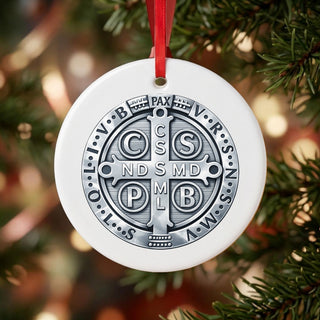 St. Benedict Medal Ceramic Ornament hanging on a Christmas tree