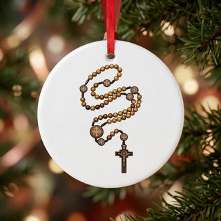 St. Benedict Wooden Rosary Ceramic Ornament hanging on a Christmas tree