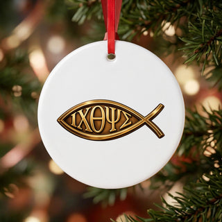 Gold Ichthys Fish Ceramic Ornament hanging on a Christmas tree