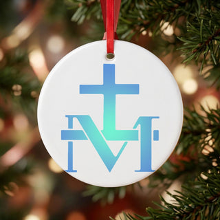 Marian Cross Blue Gradient Ceramic Ornament hanging on a Christmas tree