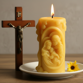 Catholic Beeswax Candle Set | Virgin Mary, Holy Family & Crucifix | Handcrafted Devotional Gifts