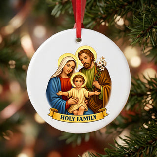 Holy Family Ceramic Ornament hanging on a Christmas tree