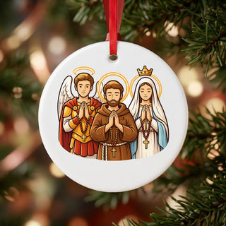 Angel, Monk and Mary in Prayer Ceramic Ornament hanging on a Christmas tree