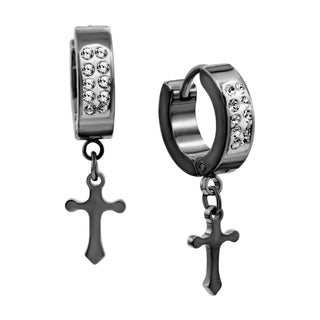 Cubic Zirconia Cross Pendant Huggie Hoops 14K Gold Plated Silver Black Earrings