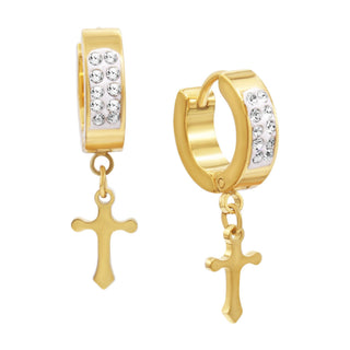 Cubic Zirconia Cross Pendant Huggie Hoops 14K Gold Plated Silver Black Earrings