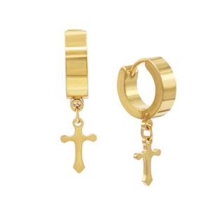 Cross Pendant Huggie Hoops 14K Gold Plated Silver Black Earrings