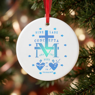 Miraculous Medal Blue Gradient Ceramic Ornament hanging on a Christmas tree