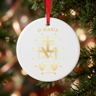 Miraculous Medal Latin Prayer Ceramic Ornament hanging on a Christmas tree