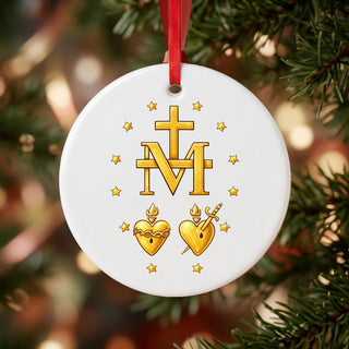 Miraculous Medal and Sacred Hearts Ceramic Ornament hanging on a Christmas tree